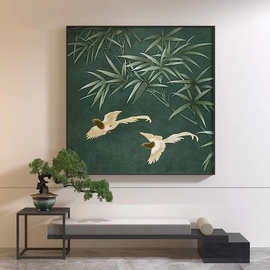 新中式装饰画绿色竹子花鸟中国风轻奢客厅玄关壁画正方形茶室挂画