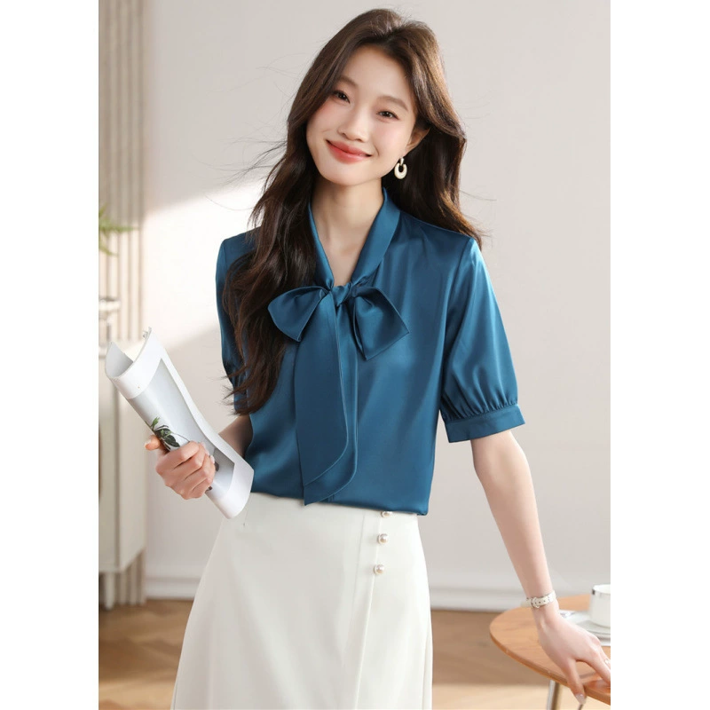 Shirt with bow, white elite fashionable silk long-sleeve