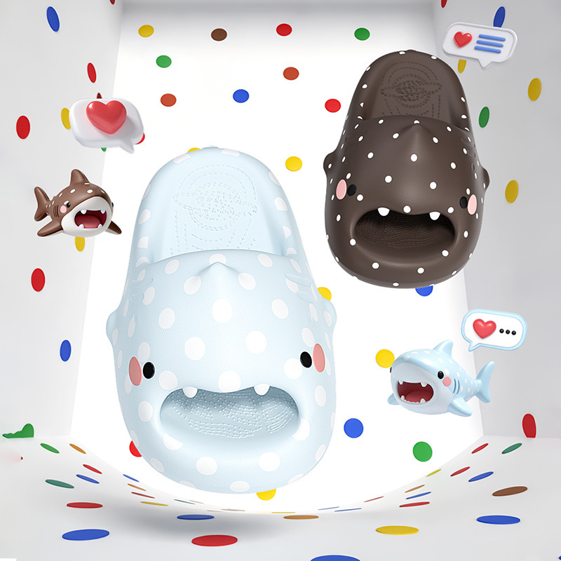 New Cute Little Shark Blue Polka Dot Slippers for Women, Summer Home Thick-Soled Non-Slip Couple's Outdoor Sandals for Men