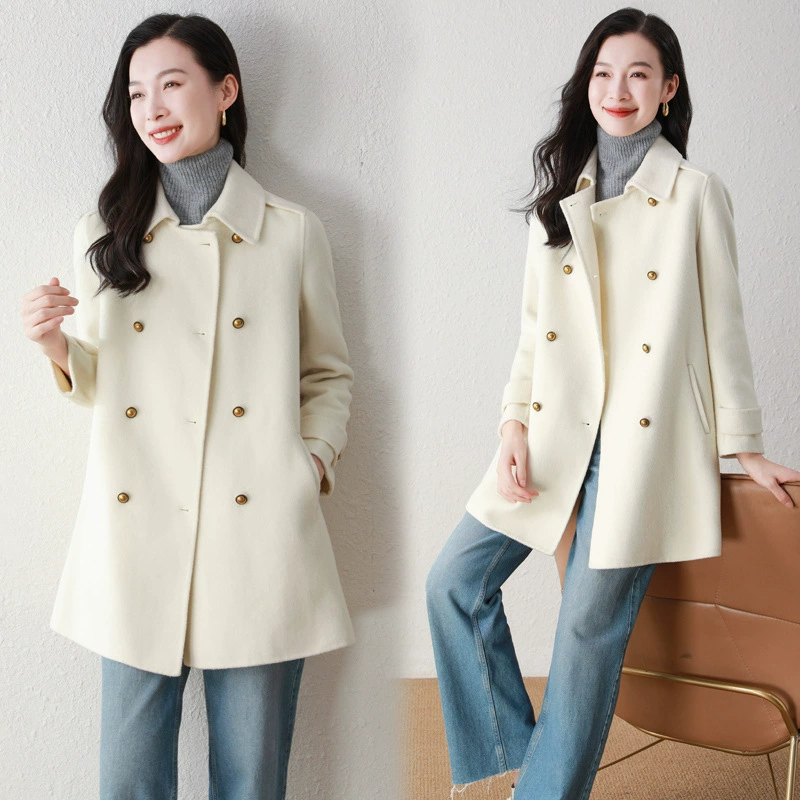 5539 двухстороннее пальто 2024 осень-зима новая сплошная двухбортная шерстяная куртка корейского высокого класса