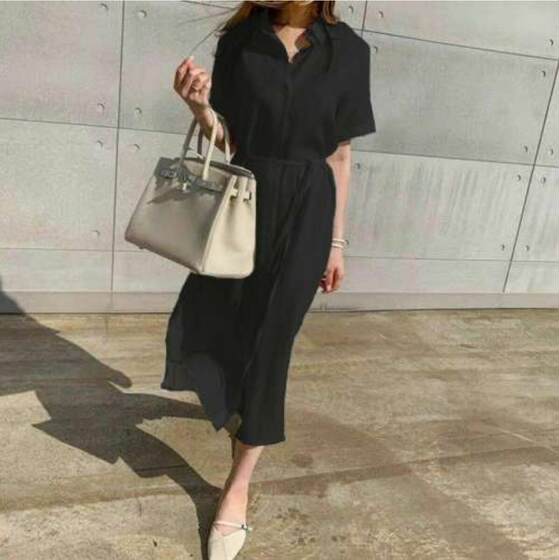 2024 simple loose lace-up waist single-breasted short-sleeve linen shirt dress women's clothing