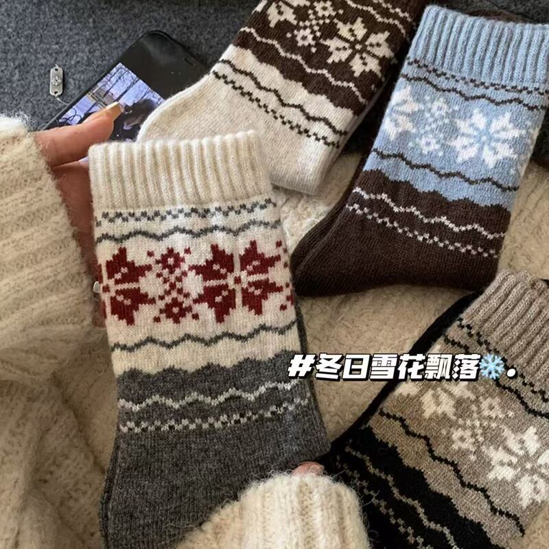 Wool Fair Isle Socks Women's Mid-Calf Socks Autumn and Winter Thickeneded Fleece-Lined Warm Cashmere Japanese Style Retro Winter Stockings