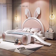 儿童公主床女孩可爱卡通床头兔子滑梯床带护栏滑梯小户型实木床