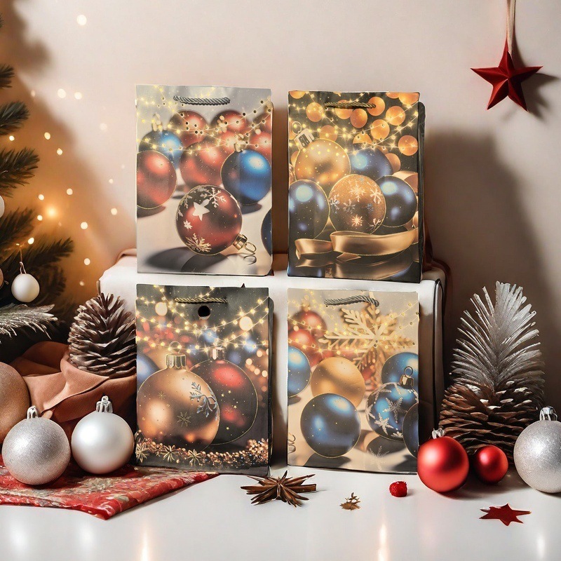 12PCS纸质礼品袋圣诞主题手提袋圣诞球礼物包装袋圣诞氛围感
