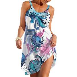 2024夏季新款女装沙滩裙欧美3D数码印花碎花休闲夏威夷吊带连衣裙