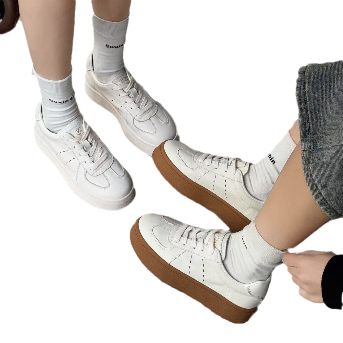 Giày sneaker nữ đế dày da thật mới mùa xuân 2025 tăng chiều cao đế mềm chống trượt — Trắng/nền mơ, Màu trắng