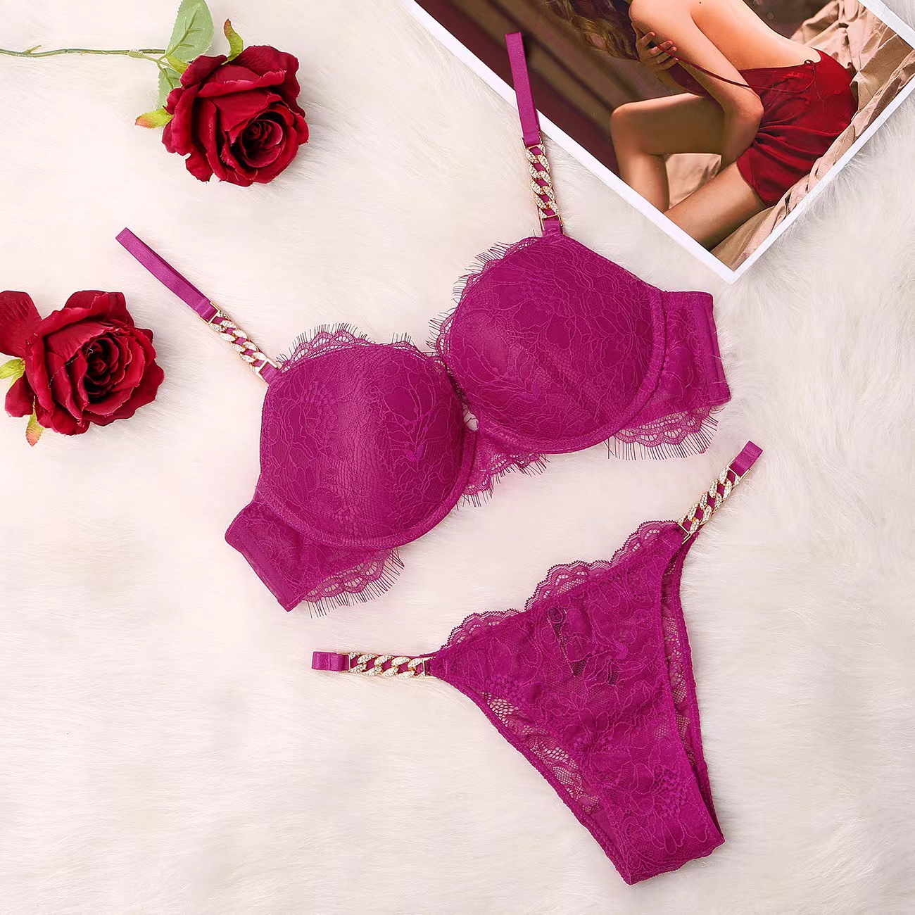 Comercio exterior estilo europeo y americano sexy push up soporte superior ropa interior de belleza las mujeres espalda delgada Correa hombro encaje cadena metal sujetador traje