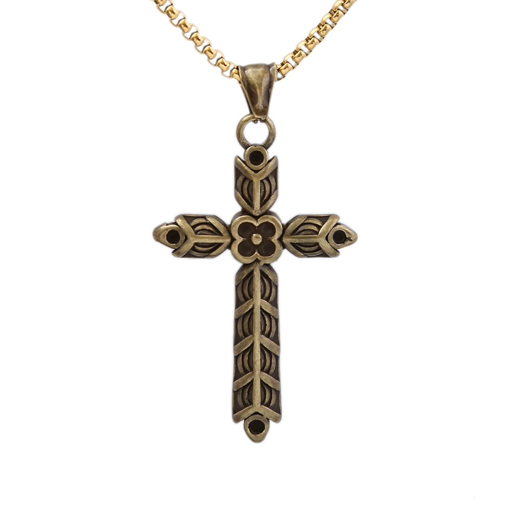 Titanium Colorless Cross Flower Necklace Pendant for Men's Stainless Steel Neckchain Jewelry_voghion.com