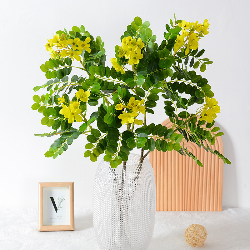 Simulated Locust Flower Branch, Small Yellow Flower Branch Home Decor, Flower Arrangement, Yellow Locust Flower Green Plant, Photography Decoration, Simulated Leaves