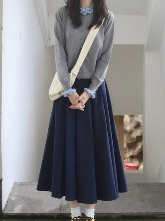 灰色花边领针织衫女2025秋季新款设计感韩系上衣女+半身裙套装女|undefined