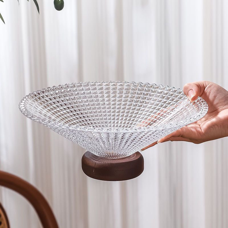 無垢材ベースのフルーツプレート、リビングルーム、家庭用ハイエンドガラスフルーツプレート、フロントデスクキャンディスナックディスプレイプレート、ハイフットホルダー|undefined