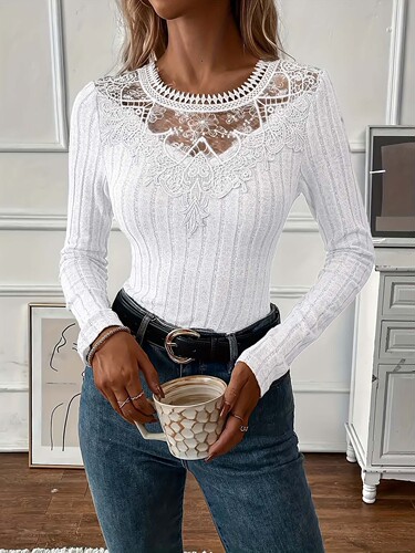 European and American Amazon Women's Top New Long-Sleeved Top 2025 Autumn/Winter Fashionable Casual V-Neck Lace