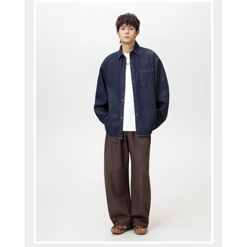 Men's Cuffed Denim Shirt 2025 Spring and Autumn New Washed Loose Jacket Outerwear Trendy Brand Compatible Casual Shirt