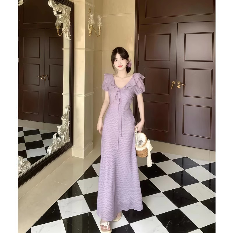 法式温柔风荷叶边V领泡泡袖连衣裙女夏季新款气质收腰显瘦长裙|undefined