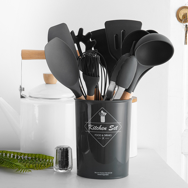 Utensilios de cocina de silicona, mango de madera, juego de 12 piezas, pala de cocina, sartén antiadherente, juego de utensilios de cocina para cocinar y hornear image 19