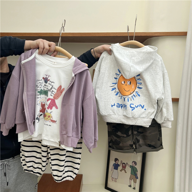 Ropa coreana de otoño 2024 para niños y niñas, sudadera con capucha y cremallera suelta con sol pequeño, chaqueta para niños_voghion.com