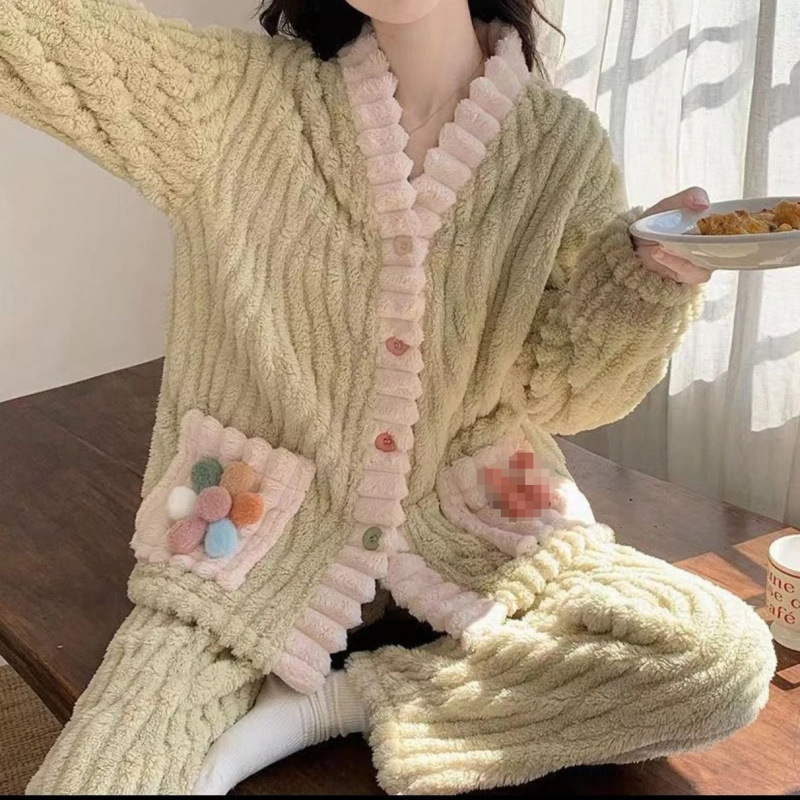 冬季珊瑚绒睡衣套装女秋冬加厚保暖开衫睡袍可外穿彩虹甜美家居服|undefined