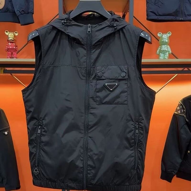 Summer Thin Hooded Sleeveless Vest Men's Large Size Trendy Casual Triangle Logo Jacket Vest Jacket
