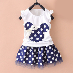 女童裙套裝夏季短袖上衣圓點無袖卡通洋氣中大童網蝴蝶結紗裙童裝