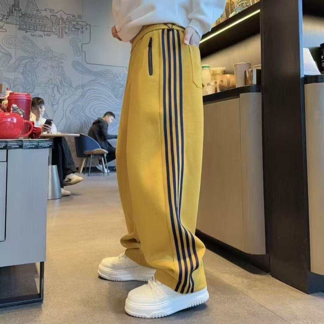 Men's Winter Straight Leg Pants 2025 Trendy Four Stripe Color Block Casual Sporty mid Waist Long Polyester Sweatpants_voghion.com