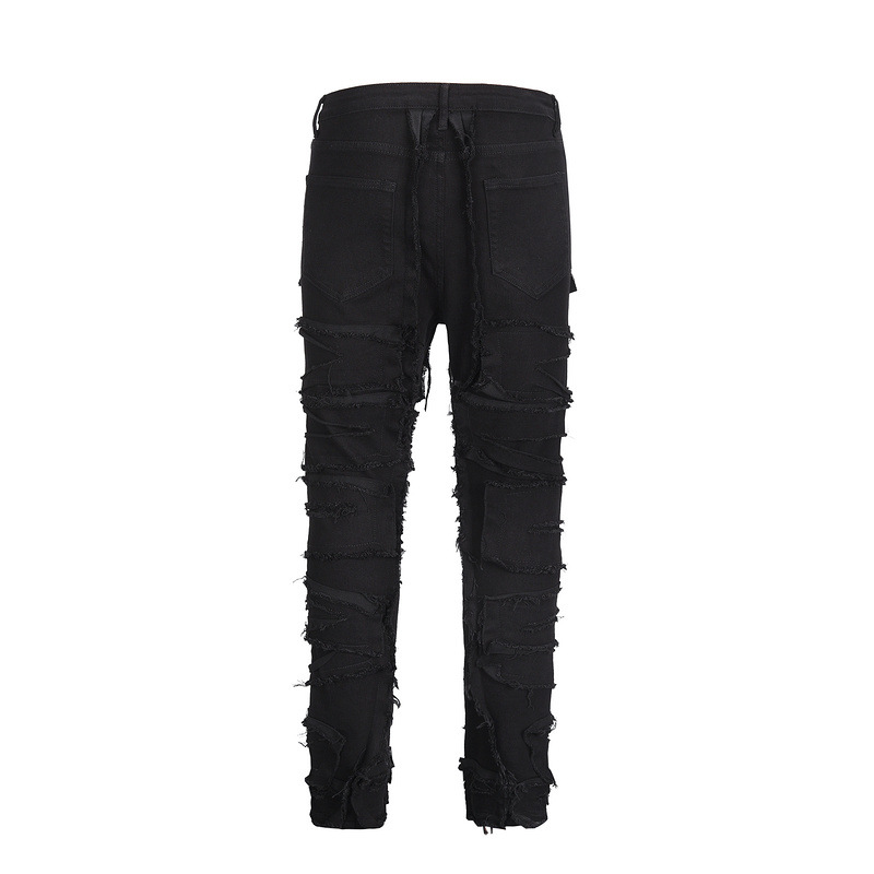 Men's Clothing High Street Fashion Brand Washed Distressed Ripped Black Zipper Black Cow Patchwork Jeans_voghion.com