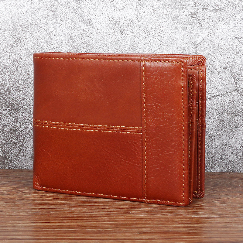 Hombres cartera horizontal de cuero genuino cartera retro moda casual primera capa de costura de piel de vaca corto tríptico cartera al por mayor