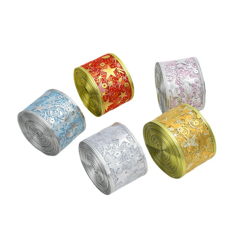 Venta caliente transfronteriza Navidad 2/5 M de doble capa dorado cinta de malla impresa gancho estrella de cinco puntas cinta de alambre de nylon