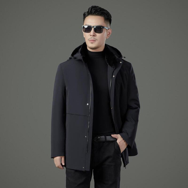 Light Luxury Men's Hooded Whole Mink Fur Parka High Casual High-End Rabbit Fur Coat for Middle-Aged Dads