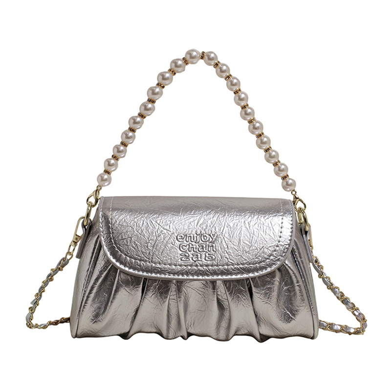 Bolso de alta calidad con textura 2025 verano nuevo estilo bolso femenino patrón de agarre de mano plisado bolso de hombro con cadena de cuentas bolso de mensajero