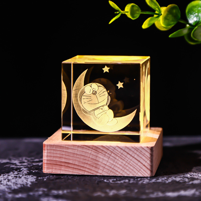 Cubo de cristal decoración interruptor de luz cálida base de madera talla interior Luna Sistema Solar Galaxy decoración de escritorio regalo de niña