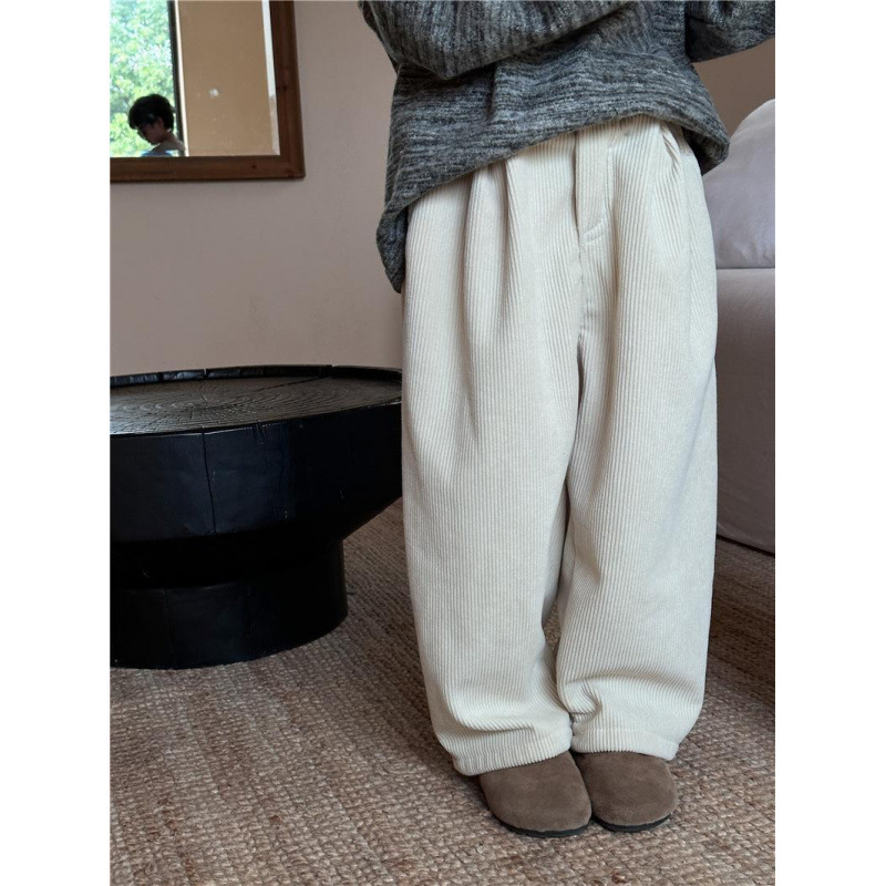 어린이 바지 2024 겨울 세트 어린이 원피스 벨벳 코듀로이 바지 따뜻한 기모 소년 소녀를위한 캐주얼 바지