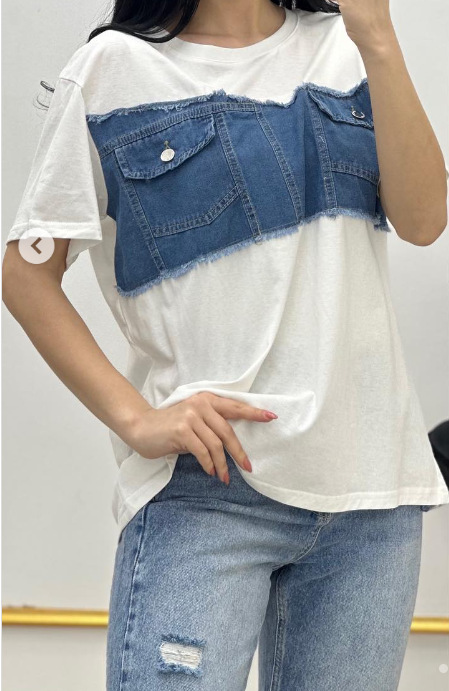 Women's Clothing stitching denim T shirt pants Xiuxian suit two piece set_voghion.com