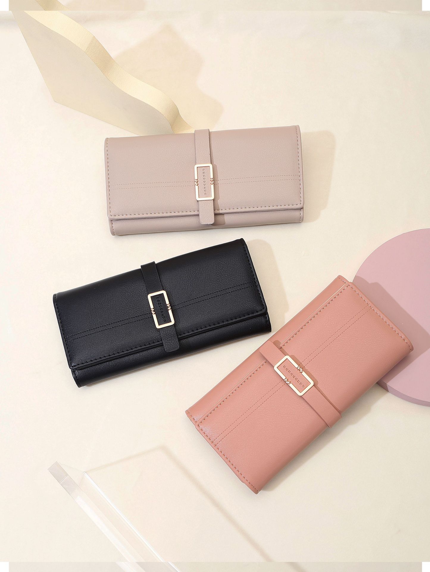 Long Wallet Bags Type Women's Solid Color Pu Leather Buckle Wallets
