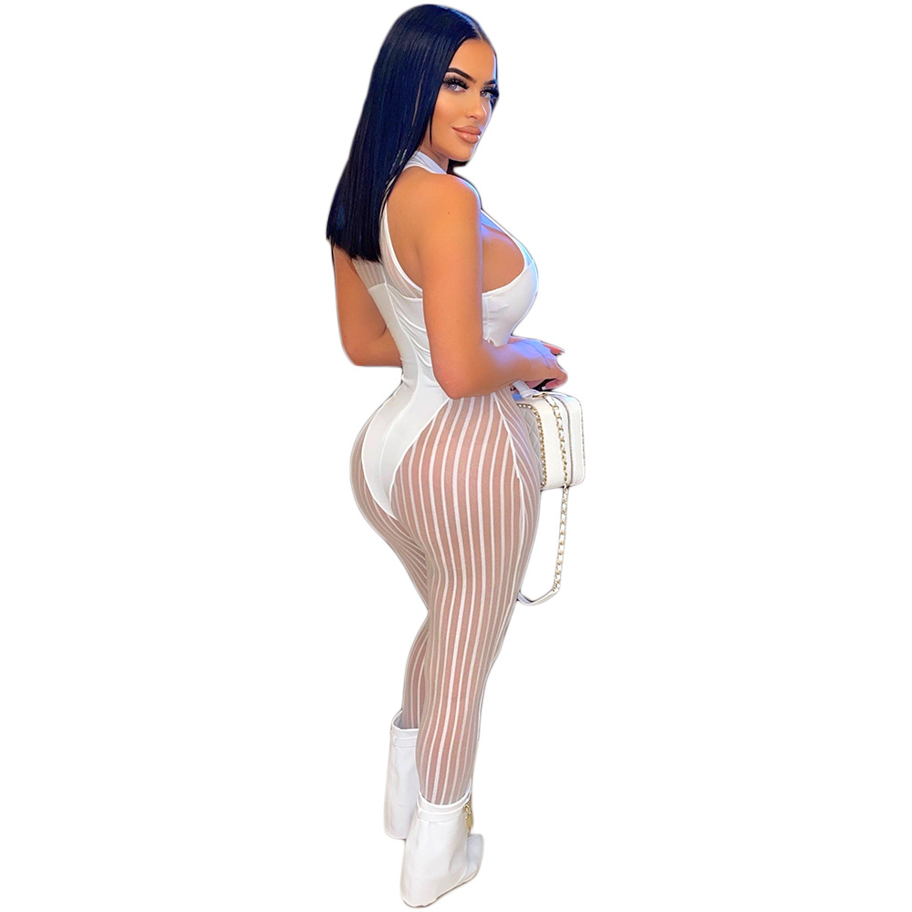 Sexy Bold Stripes Mesh See-through Sleeveless round Neck Jumpsuit for Women