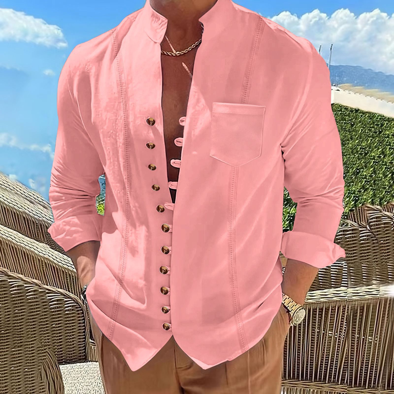 Men's Long-sleeve Patchwork Cotton-linen Coat With Pockets_voghion.com