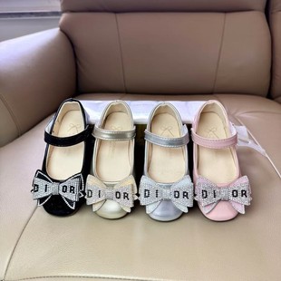 Girls Shoes 2024 Spring New Fashion Rhinestone Pearl Little Girl Cute Bow Princess Small Leather Shoes Trendy