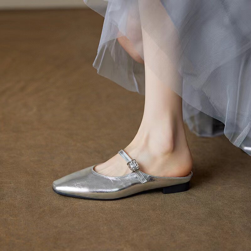 Dép sandal nữ mũi vuông đế bệt da thật phong cách thời trang — màu đen