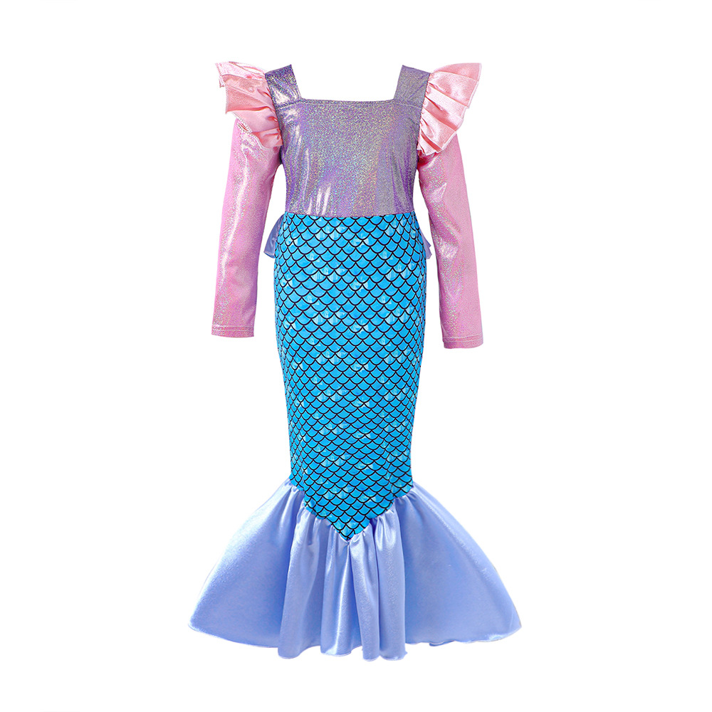 Vêtements pour enfants EW Nouveau produit pour filles Printemps et automne Robe de princesse à épissure sirène DQ1614-C_voghion.com