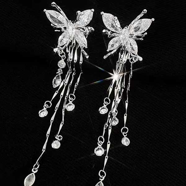 Three-dimensional exquisite flash diamond butterfly long tassel ear bone clip without ear hole ear clip female sweet cool personality fairy spirit earrings ~