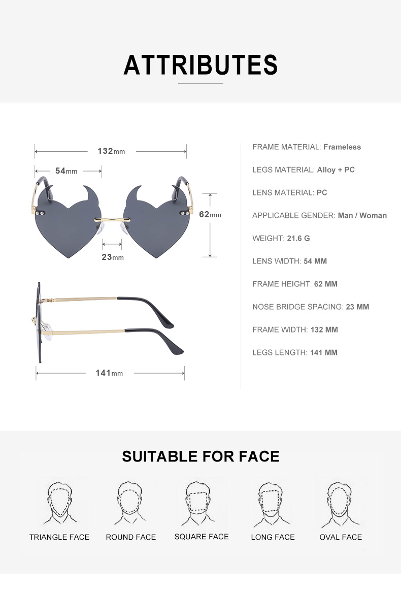 Women's Fashion Heart Shape Pc Special-shaped Mirror Metal Frameless Sunglasses display picture 8