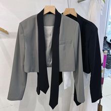 飘带短款西装外套女春秋2024设计感今年流行灰色小西服小个子上衣