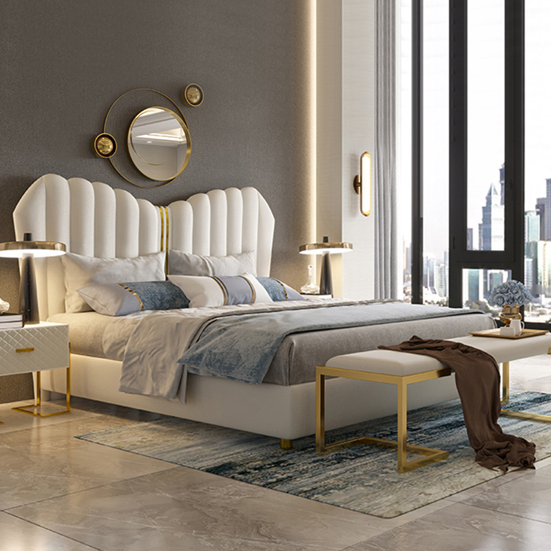 Italian-Style Light Luxury Leather Bed, Modern Minimalist Master Bedroom Double Bed, Cream Style, Internet-Famous Top-Layer Cowhide Leather Bed, Exclusively for Cross-Border Sales