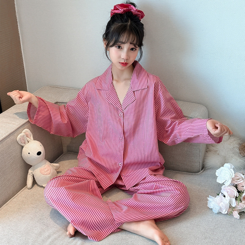 女童睡衣春秋2025新款长袖甜美可爱中大童条纹套装家居服套装|undefined