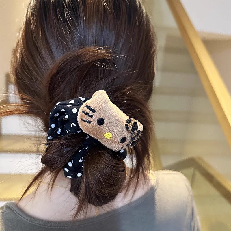 Cute feline Kitty negro y blanco punto de onda de gran intestino anillo de pelo de cola de caballo sensación de alto nivel cabeza de correa de correa de joyas para el pelo