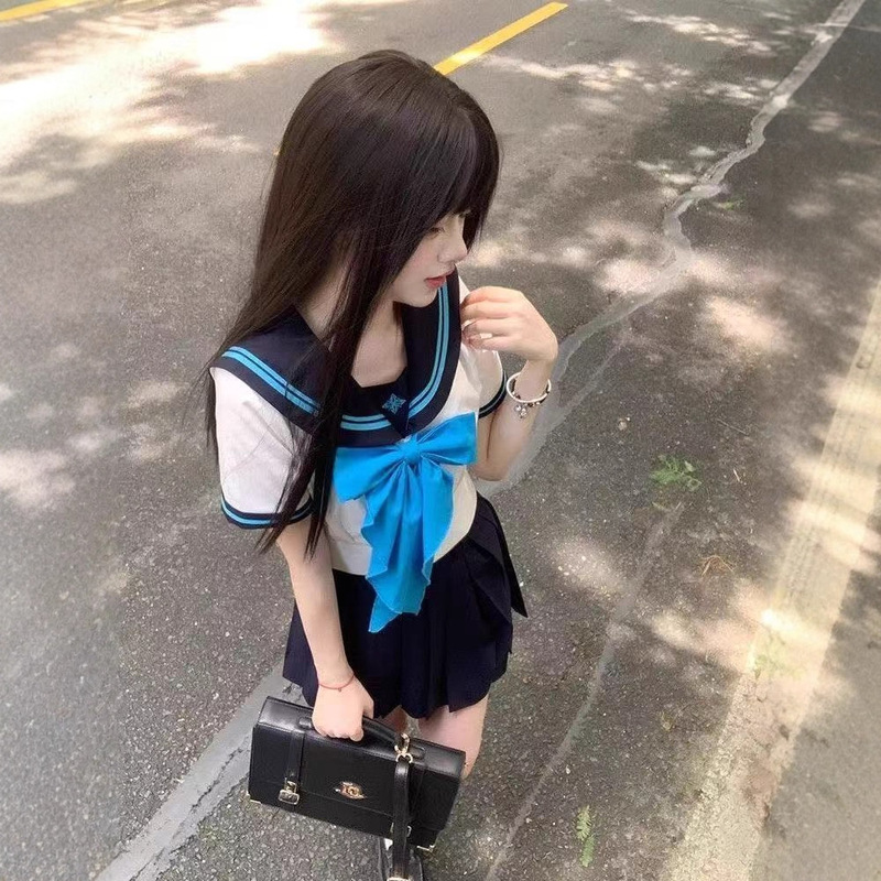 College Style Uniform Japanese Style Sweet Jk Short Skirt Short-Sleeved Cute Women's Top Shirt Navy Bow Pleated Suit College Style Uniform Japanese Style Sweet Jk Short Skirt Short-Sleeved Cute Women's Top Shirt Navy Bow Pleated Suit