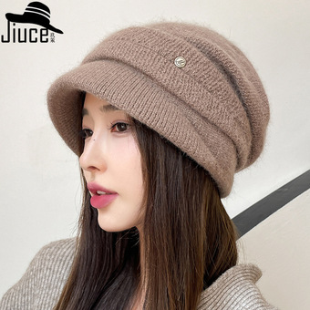 高级轻奢铜扣M标鸭舌兔毛帽子女冬天护耳加绒盆帽户外保暖针织帽