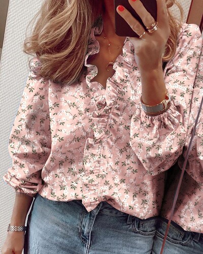  Amazon Wish AliExpress eBay Spring and Summer New European and American Long-sleeved Ruffled Blouse Women's Shirt 