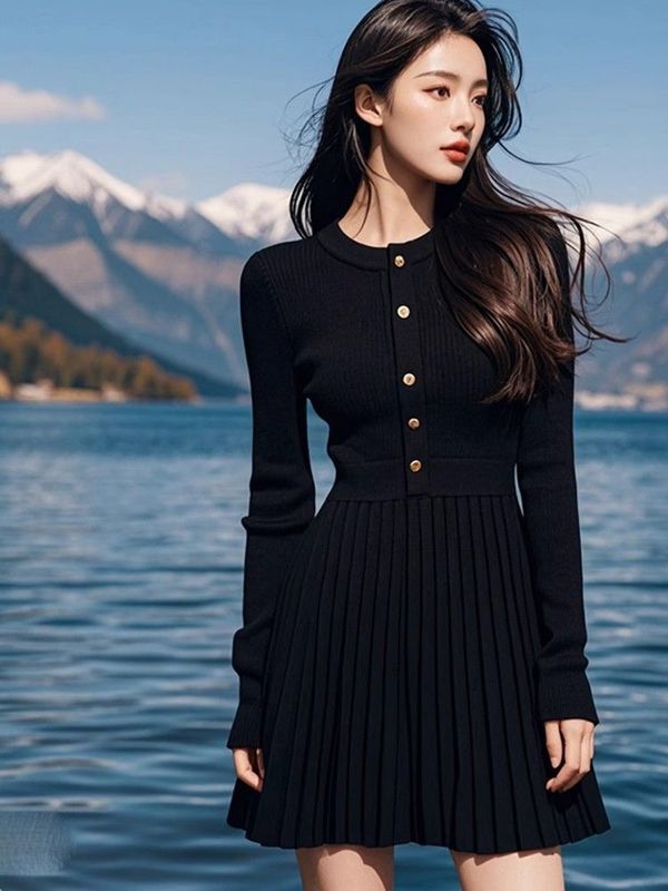 法式黑色掐腰针织连衣裙子女秋冬季2025新款配大衣内搭打底毛衣裙|undefined