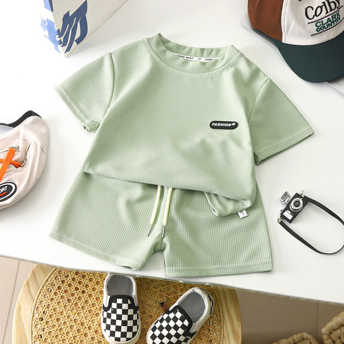 2025 New Children's Spring and Summer Casual Set Loose Casual Unisex Short Sleeve Children's Checkered Wholesale