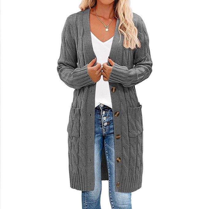Comercio exterior transfronterizo Amazon Otoño e Invierno 2024 nuevo suéter de giro largo de las mujeres de color sólido botón bolsillo cardigan abrigo